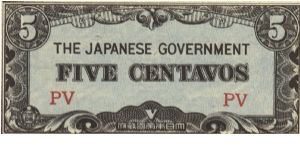 PI-103 Philippine 5 centavos note under Japan rule, block letters PV. Banknote