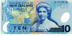$10.00 Jan 2006 Polymer
Blue/Cream/Green/Ocher
Governor Allan Bollard
Front White camellia, Kate Sheppard campaigner for universal suffrage in NZ
Rev Blue duck, Blechnum fern & Parahebe catarractae Banknote