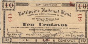 S621b RARE Negros Occidential  Philippine National Bank 10 Centavos note. Banknote
