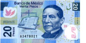 20p 19 Jun 06 Polymer
Blue/Green/PurpleChief Cashier Valdes Ramons
Member of the Board Guillermo Ortíz Martínez
Front See through window with the #20, Scales of Justice & Book, Benito Juarez 
Rev Aztec ruins at Cocijo
Series A Banknote