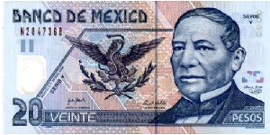 20P 29 Mar 06 Polymer
Blue/Terracotta
Chief Cashier Valdes Ramons
Member of the Board Jesús Marcos Yacamán
Front See through window with the #20, Coat of Arms, Benito Juarez 
Rev Monument to Benito Juarez 
Series Y Banknote