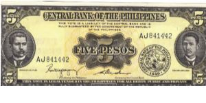 PI-135b Philippine English Series 5 Pesos note with signature group 2, prefix AJ. Banknote