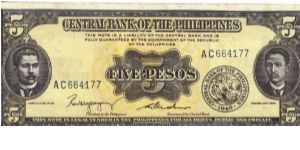 PI-135b Philippine English Series 5 Pesos note with signature group 2, prefix AC. Banknote