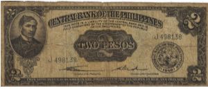 PI-134a Philippine English Series 2 Pesos note with signature group 1, prefix J. Banknote