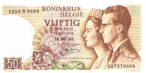 Brown-violet and ornage-brown on multicolour underprint. Arms at lower left Center. King Baudouin I and Gueen Fabiola at right. Parliament building in Brussels on back. Watermark: Baudouin I. Signature 18, 19, 20, 21. Banknote