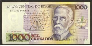 1000 Cruzados with overprint of 1 New Cruzados. Original note from 1987, overprinted 1989 Banknote
