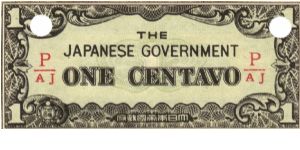 PI-102b Philippine 1 centavo note under Japan rule, fractional block letters P/AJ. Banknote