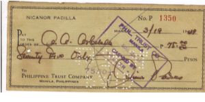 Philippine Trues Company Check with 4 centavos Documentary stamp on reverse. Banknote