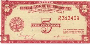 PI-126 Philippine English series 5 centavos note in series, 1 - 2. Banknote