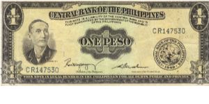 PI-133c English series 1 Peso note, prefix CR. Banknote