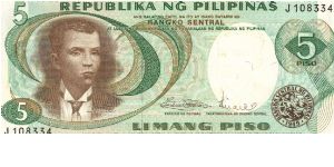 Philippine 5 Pesos note in series, 1 of 2. Banknote
