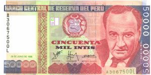 Like #142 but segmented foil security thread.

Red, violet and dark blue on multicolour underprint. Victor Raul Haya de la Torre at right. Chamber of National Congress on back. Printer: TDLR Banknote