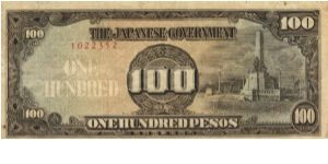 PI-112 Philippine 100 Peso Replacement note under Japan rule, plate number 9. Banknote