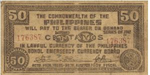 S-134d Bohol 50 Centavos note. I will sell or trade this note for Philippine or Japan occupation notes that I need. Banknote