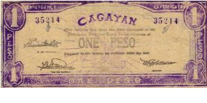 S-187 Cagayan 1 Peso note. I will sell or trade this note for Philippine or Japan occupation notes I need. Banknote