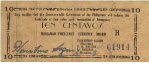 S-482a Mindanao 10 Centavos note. THIS NOTE IS RARE IN ANY CONDITION. I will sell or trade this note for Philippine or Japan occupation notes I need. Banknote
