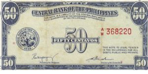 PI-131 Central Bank of the Philippines 50 Centavos note. I will sell or trade this note for Philippine or Japan occupation notes I need. Banknote