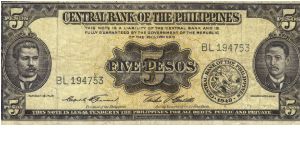 PI-135d Central Bank of the Philippines 5 Pesos note. I will sell or trade this note for Philippine or Japan occupation notes I need. Banknote
