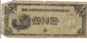 PI-106 Philippine 1 Peso note under Japan rule, block letters PE. I will sell or trade this note for Philippine or Japan occupation notes I need. Banknote