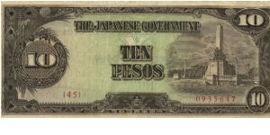 PI-111 Philippine 10 Pesos note under Japan rule, plate number 45. I will sell or trade this note for Philippine or Japan occupation notes I need. Banknote