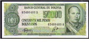 5 Centavos de Bolivanos__
Pk 196__

Ovpt 1987 on 50'000 Pesos Bolivanos
 Banknote