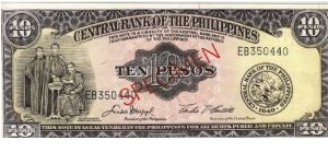 PI-136 Philippine 10 Pesos Specimen note. Banknote