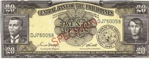 PI-137 Philippine 20 Pesos Specimen note #3. I will sell or trade this note for Philippine or Japan occupation notes I need. Banknote