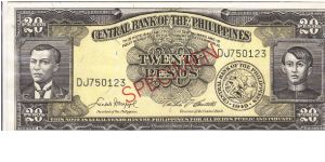 PI-137 Philippine 20 Pesos Specimen note #4. I will sell or trade this note for Philippine or Japan occupation notes I need. Banknote