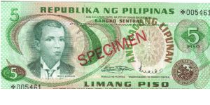 PI-147 Philippine 5 Pesos Specimen note. Banknote