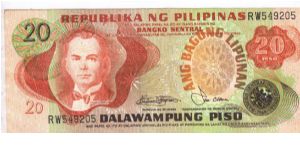 Philippine 20 Pesos note in series, 2 of 2. Banknote
