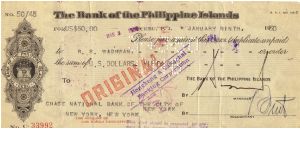 Bank of the Philippines check, Cebu, with hand stamp of Hongkong & Shanghai Banking Corp, and applied document stamps on reverse. Banknote