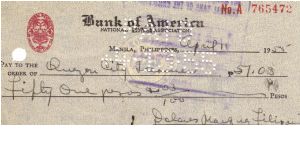Bank of America check, Manila Philippines. Banknote
