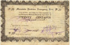 PI-593 Mountain Province 20 Centavos note with countersign on reverse. Banknote