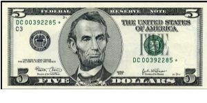 Series 2003 $5 Philadelphia FRN.  Star Note from print run of 640,000.  Serial: DC00392285* Banknote