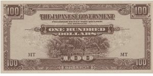 Japanese Occupation 1943-1945 in Singapore

100 Dollars with  MT Serial

Obverse: Village View

Reverse: Man By The River

Security Silk Thread

OFFER VIA EMAIL Banknote