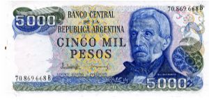 1977/83
5000 Pesos
Blue/Yellow
Elderly Gen San Martin
Coastline Mar del Plata  
Watermark multiple sunbursts Banknote