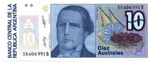 10 Austral
Blue
Sig's 'C' 
Santiago Derqui  
Liberty with torch & shield 
Watermark multiple sunbursts Banknote