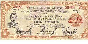S-317 Iloilo 10 Pesos note with small auditor signature on obverse and broken P's in Philippines on reverse. Banknote