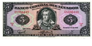 $5
Gray/Pink/Red
Series 1E
Antonio Jose de Sucre  
Value & Coat of Arms
T De La Rue Banknote