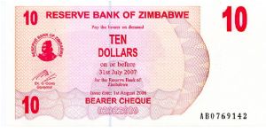 $10 Bearer Cheque
Pink
Matapos rocks & Value
Huts, Farm & women working
Security thread
Watermark: Zimbabwe Bird Banknote