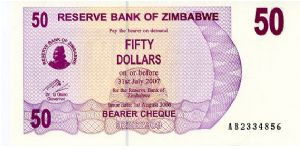 $50 Bearer Cheque
Purple
Matapos rocks & Value
Victoria Falls or Mosi-oa-Tunya
(the Smoke that Thunders) on Zambezi River
Security thread
Watermark: Zimbabwe Bird Banknote