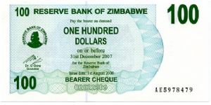 $100 Bearer Cheque
Aqua
Matapos rocks & Value
Terraced hills
Security thread
Watermark: Zimbabwe Bird Banknote