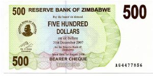 $500 Bearer Cheque
Green/Purple
Matapos rocks & Value
Tigerfish; Kariba dam on Zambezi River
Security thread
Watermark: Zimbabwe Bird Banknote