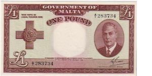 GOVERNMENT OF MALTA-
 KG VI ONE POUND, A CLASSIC Banknote