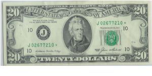 1985 $20 KANSAS CITY FRN STAR NOTE(HAS 2 STAPLE MARKS BUT DOESNT TAKE AWAY FROM THE BILL) Banknote