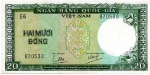 South Vietnam  
20 Dong
Green/Brown
Geometric patter in center
Stylized fish 
Wtrmrk Dragon Banknote