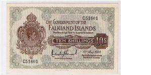 FALKLAND ISLANDS=
 10/- KGVI Banknote