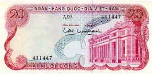 South Vietnam 

20 Dong
Pink/Blue/Green
National Bank Building
Geometric pattern
Security thread
Wtrmrk Tran Hung Dao Banknote