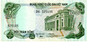 South Vietnam

100 Dong
Green/Blue/Red 
National Bank Building
Geometric pattern
Security thread
Wtrmrk Tran Hung Dao Banknote