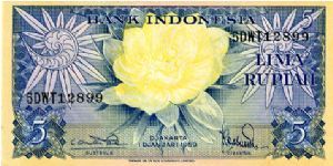 5 Rupiah 
Blue/Yellow
Flowers
Sunbirds & flowers
Wtmrk Coat of arms Banknote